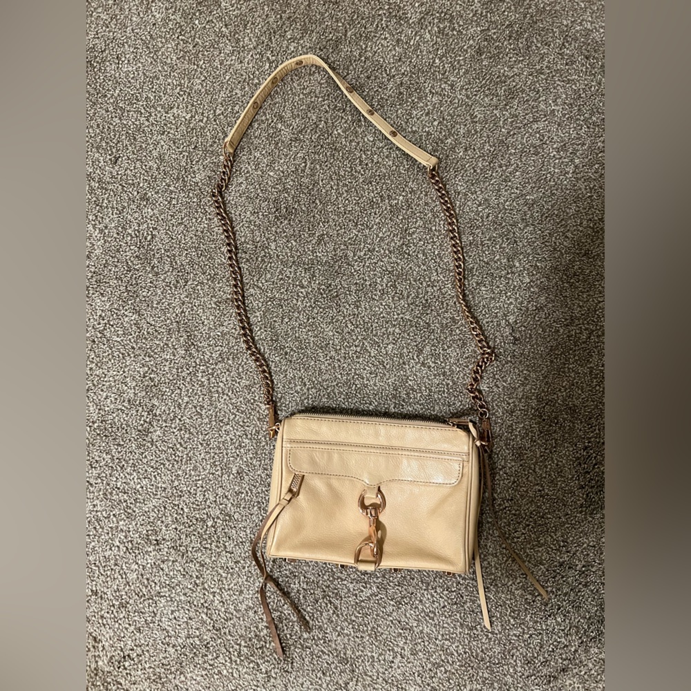 REBECCA MINKOFF Neutral Beige Leather and Gold Crossbody Bag